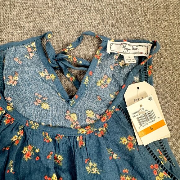 NEW! Hippie Rose Tank Top Sleeveless Small Teal‎ Floral Rayon Relaxed Fit - Picture 8 of 12